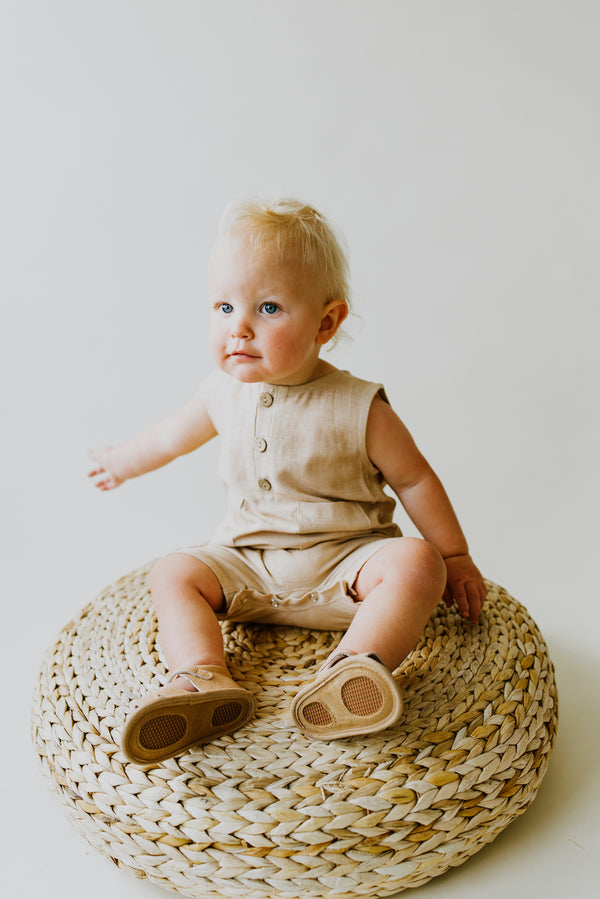 Oatmeal Cropped Linen Baby Romper