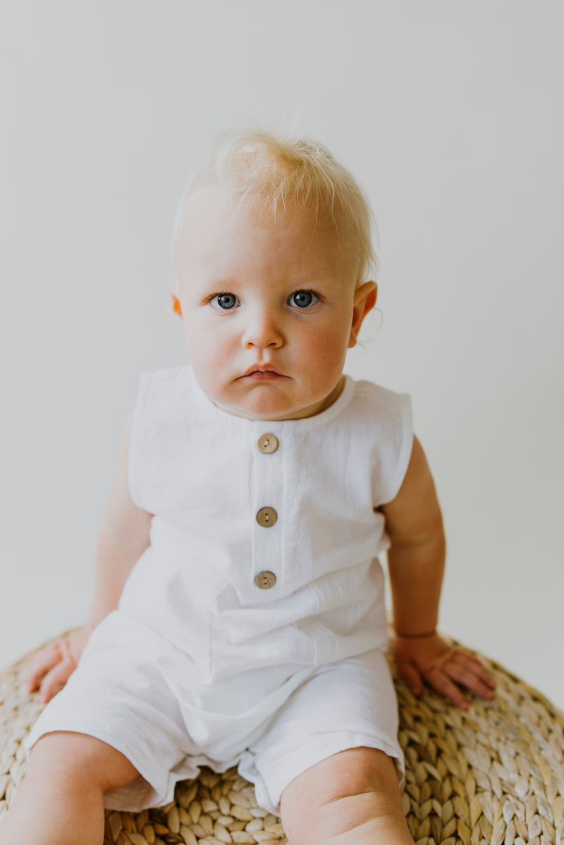 White Sleeveless Crop Linen Baby Romper