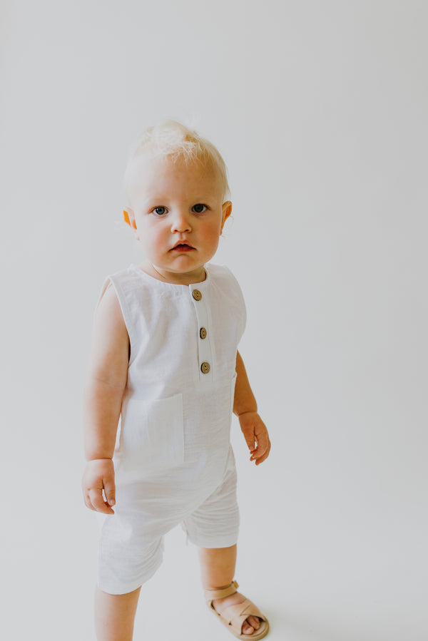 White Sleeveless Crop Linen Baby Romper