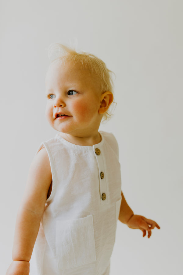 White Sleeveless Crop Linen Baby Romper