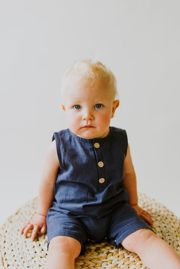 Navy Sleeveless Crop Linen Baby Romper