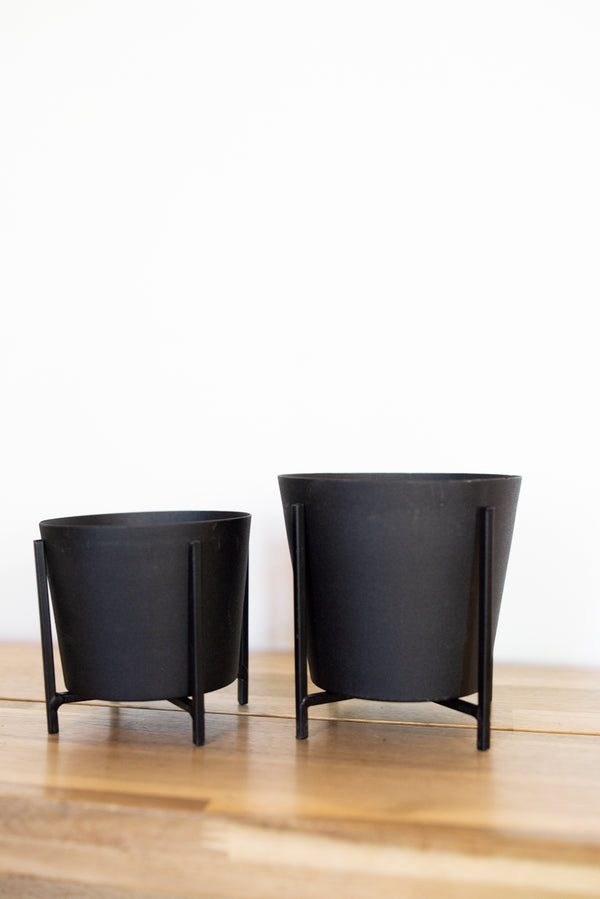 Small Black Cylinder Planter with Stand